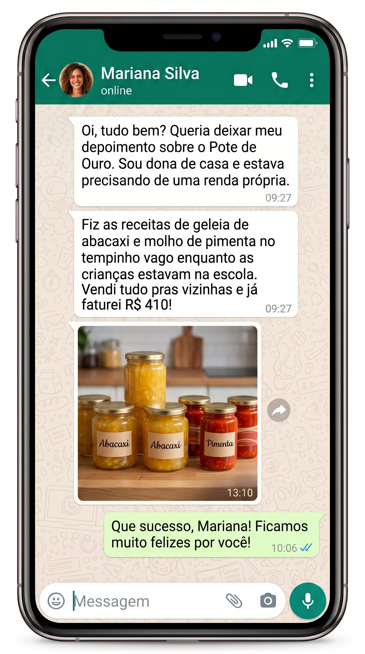Print de depoimento no WhatsApp da Mariana